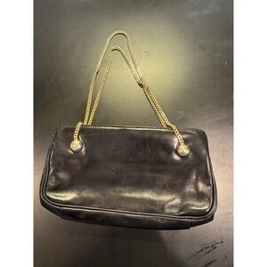 Vintage Black‎ Leather Franchi Handbag Double Gold Chain Handles Clasp